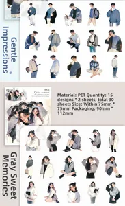 Detail of PET stickers showing cute boy and girl character illustrations for scrapbooking