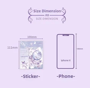 Size chart of holographic butterfly PET stickers next to a phone for comparison