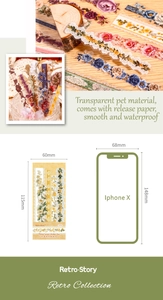 Macro detail of vintage floral PET stickers with waterproof finish and size comparison