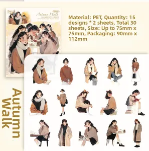 Detail of 30pcs PET stickers showing 15 autumn-style girl illustrations and translucent texture