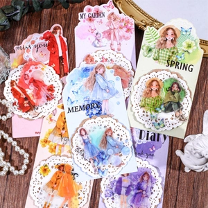 Pegatinas Retro Story Flower Field con ilustraciones de niñas vintage y bordes de encaje