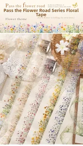 Close-up of floral decorative PET tape with vintage lace and flowers for journaling