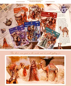 Detailed view of Exotic Peninsula vintage stickers set on magazine and lace fabric