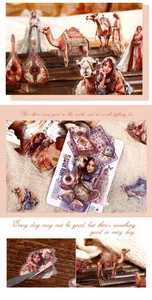 Detailed view of vintage exotic floral stickers featuring Persian motifs and camels