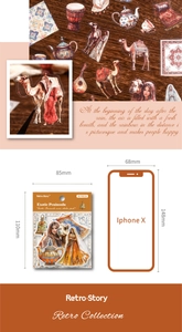 Detailed retro floral stickers for DIY journals with 85mmx110mm packaging size guide