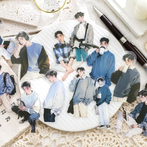 Aesthetic PET stickers with anime characters for journaling on a white ceramic plate