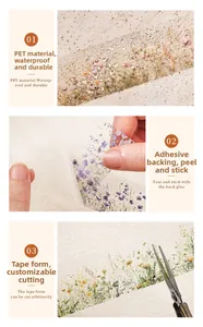 Macro view of waterproof floral PET tape showing cutting and peeling details for scrapbooking