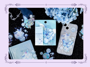 PET decorative stickers with blue butterflies and aurora bubbles on a phone case