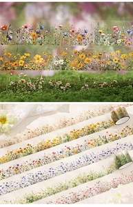 Close-up of floral PET tape rolls with detailed wildflower designs for DIY journaling