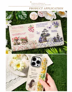 Detail of floral illustration stickers and cream phone case with vintage garden themes