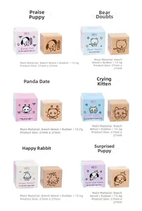 Close-up of cute animal patterns on beech wood stamps for journal decoration
