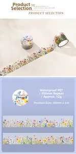 Detail of waterproof PET floral tape with watercolor flower motifs for DIY journaling