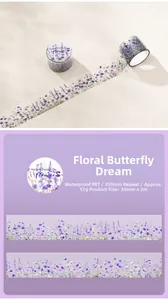 Detail of floral PET tape showing purple flowers and butterfly patterns for DIY scrapbooking