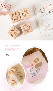 Detail of beech wood stamps featuring cute panda and dog patterns for DIY scrapbooking