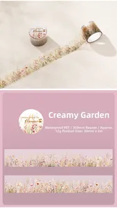 Macro view of waterproof PET floral tape with vintage garden patterns for DIY journaling