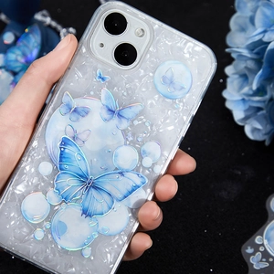 Chic iPhone case with blue butterfly bubbles and pearl ice texture on light blue TPU
