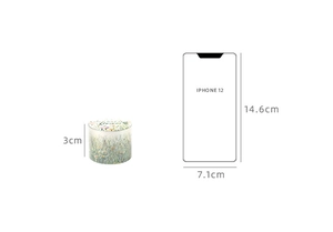 Floral patterned decorative washi tape roll with 3cm height shown next to a phone size guide