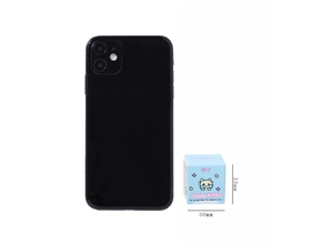Miniature blue wooden stamp with cat design showing 30mm size next to a smartphone