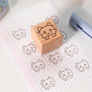 Square beechwood stamp with cute cat carving for journaling and decorative paper art
