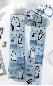 Detail of blue anime character PET tape with shimmer process for journaling