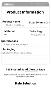 Detailed specifications for PET tape showing size 60mmx2m and white ink printing features