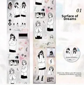 Detail of 60mm wide PET decorative tape showing anime girl motifs and 350mm loop cycle