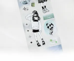 Detailed view of anime girl PET tape stickers with holographic glitter and star motifs