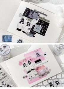 Detailed view of anime-themed PET decorative tapes and stickers in a creative journal setup