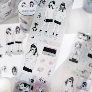 Anime girl theme PET decorative tape with sparkling white finish and black line art illustrations