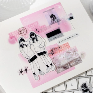 Pink anime girl PET tape stickers set on a white notebook for DIY journal decoration
