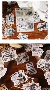 Detail of vintage scrapbooking stickers featuring retro typewriters and coffee quotes