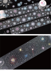 Macro detail of PET decorative tape with shimmering silver glitter and snowflake patterns