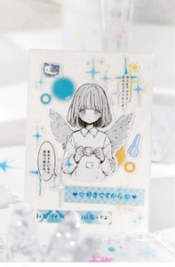 Detail of dreamlike anime girl sticker with sparkling stars and Japanese text elements