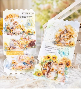 Artistic watercolor sunflower stickers with 3D butterfly charms on white lace background