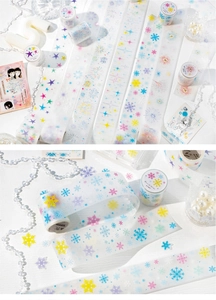Detail of dreamlike PET deco tape featuring glittery snowflakes and fireworks