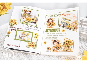 Detailed view of sunflower scrapbooking stickers with floral motifs and artistic phrases