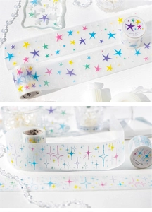 Close-up of sparkling PET washi tape with colorful star and cross star patterns