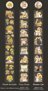 Détail macro du ruban adhésif tournesol 50mm avec motifs floraux vintage répétés sur 380mm