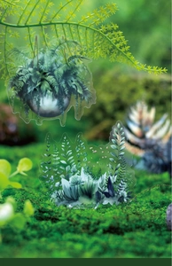 Detailed close-up of realistic fern plant stickers set in a natural moss forest setting