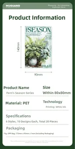 Detailed product specifications for Fern's Season series PET stickers with white ink print