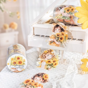 PET Sunflower Decorative Tape For Scrapbooking DIY Hand Account Floral Girl Cat Pattern Vintage Washi Style Masking Tape Art Supplies
