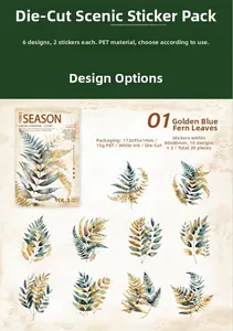 Detailed PET fern leaf stickers with white ink printing for DIY scrapbooking decoration