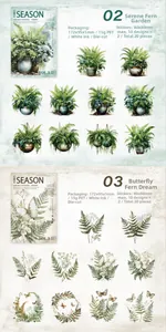 Macro detail of PET fern stickers with white ink die-cut design for DIY journaling