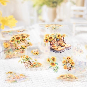 Vintage sunflower washi tape featuring floral boots and clocks on knit background