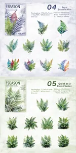 Detail of PET fern stickers with white ink printing and die-cut watercolor plant designs