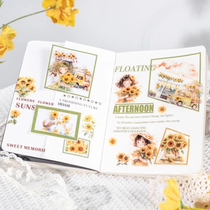 Sunflower themed decorative washi tape with floral girl and cat illustrations for DIY journals