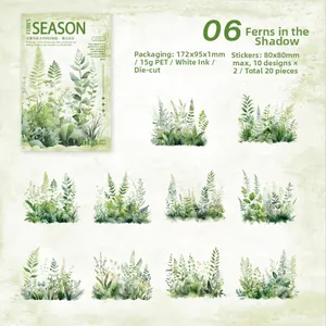 Macro detail of Fern Season PET stickers showing botanical illustrations and white ink craft