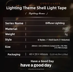 Detailed PET decorative tape specification sheet with dimensions and lighting themes