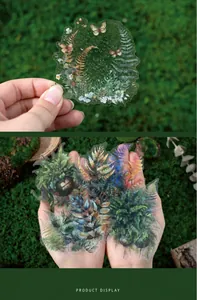 Detailed view of translucent PET stickers with ferns and butterfly designs for DIY crafts