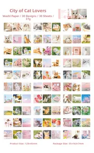 Vue détaillée de 30 autocollants washi sur le thème des chats et paysages esthétiques